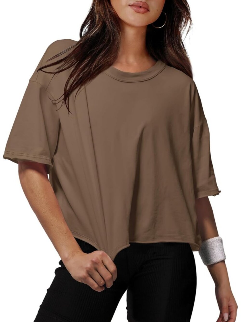 Women's Brown Crew Neck Casual Crop Tops Short Sleeve Pull On Basic Tees Shirts